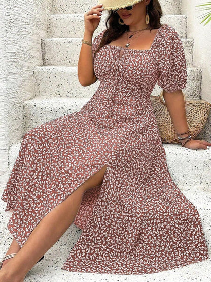 Vestido Midi Evasé Con Cuello Cuadrado Y Motivo Floral Para Mujer | Ideal Para Uso Veraniego Informal