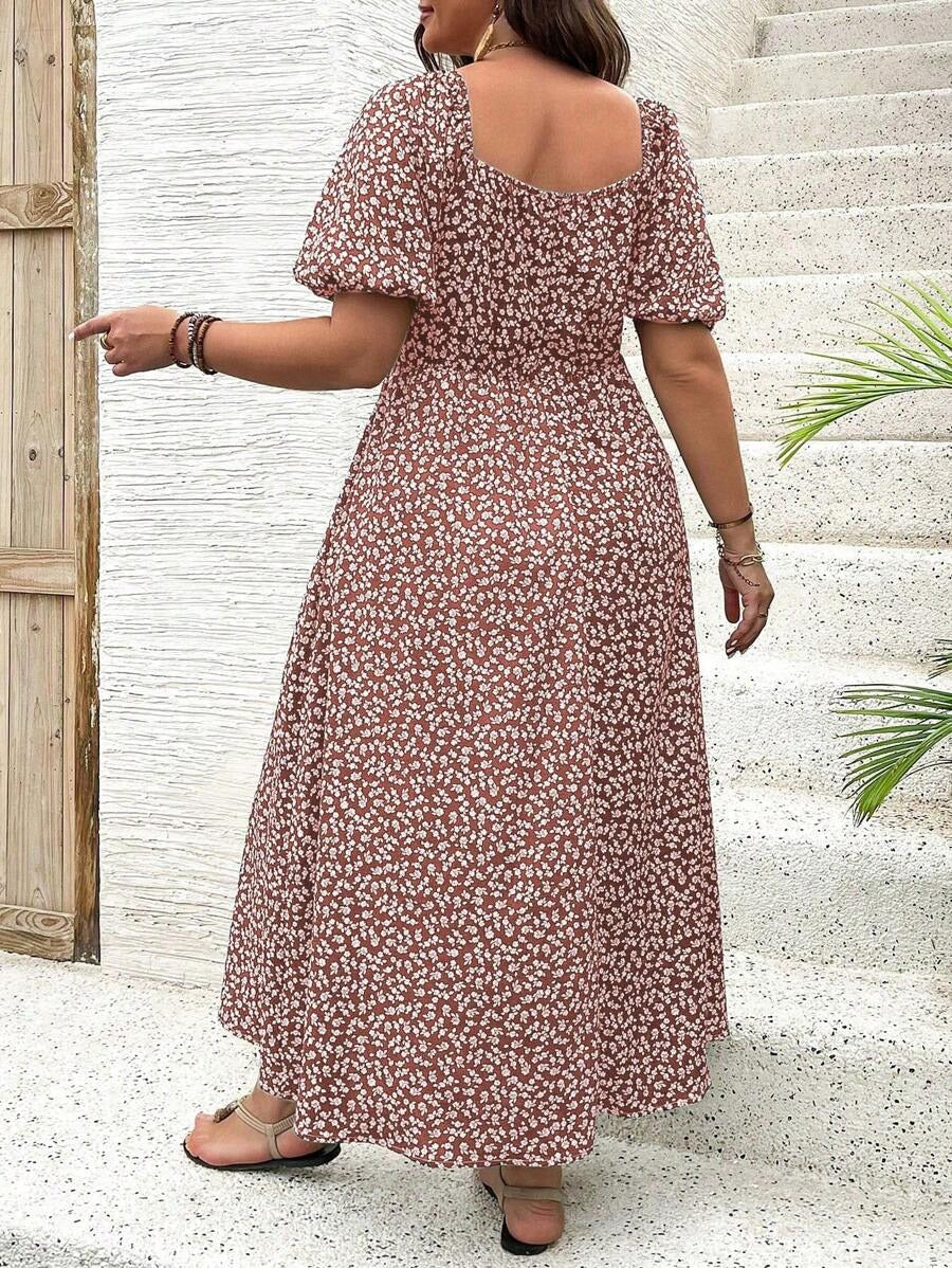 Vestido Midi Evasé Con Cuello Cuadrado Y Motivo Floral Para Mujer | Ideal Para Uso Veraniego Informal