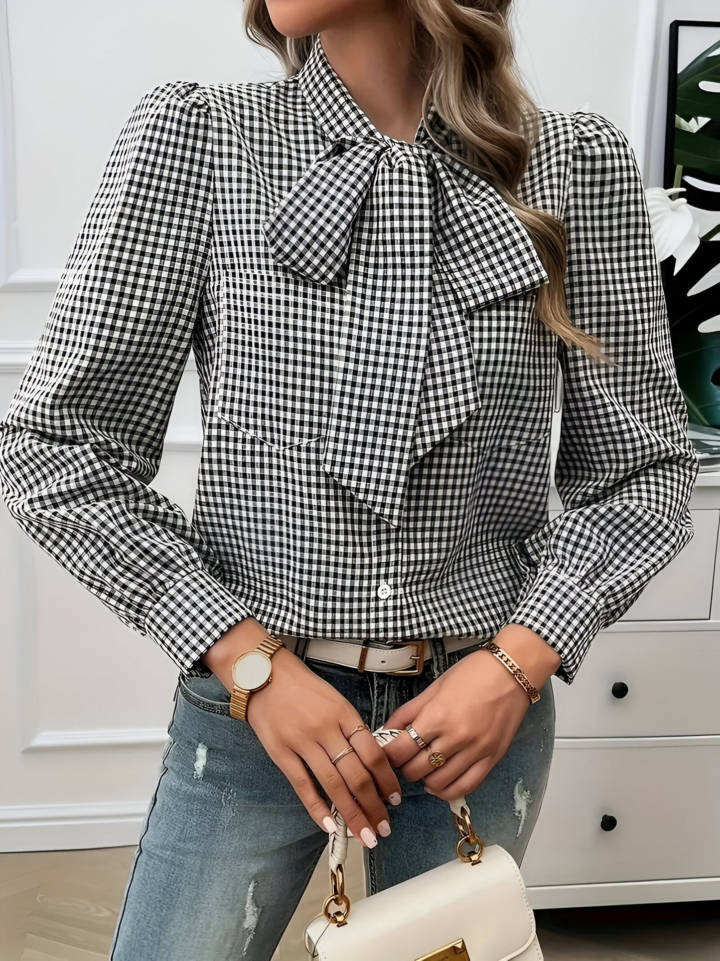 Blusa De Manga Larga Con Estampado De Cuadros Y Detalle De Lazo Para Mujer | Ideal Para Uso Diario O Profesional