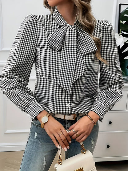 Blusa De Manga Larga Con Estampado De Cuadros Y Detalle De Lazo Para Mujer | Ideal Para Uso Diario O Profesional