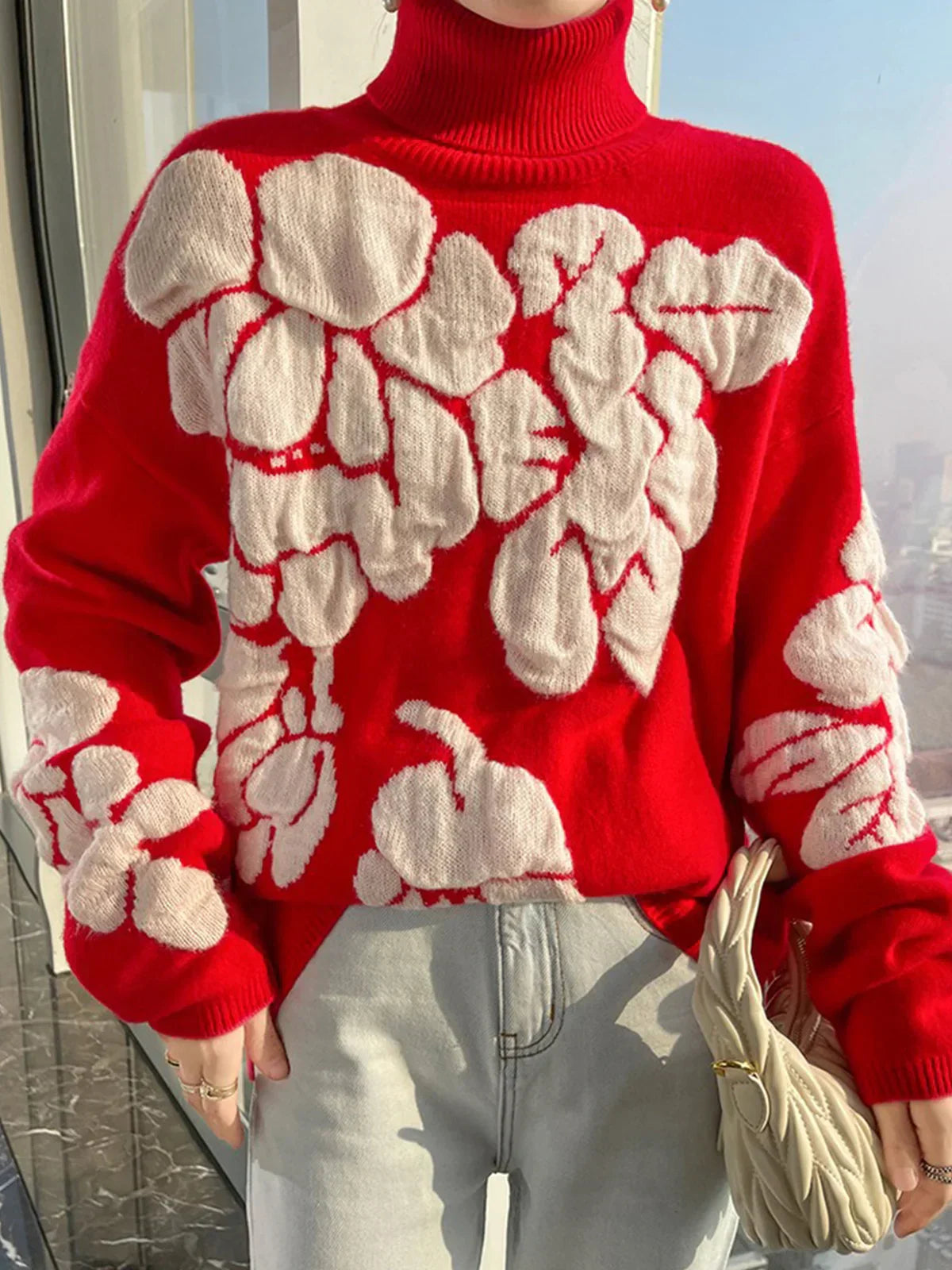 Jersey de Punto con Cuello Alto y Motivos en Relieve para Mujer | Ideal para Uso Diario