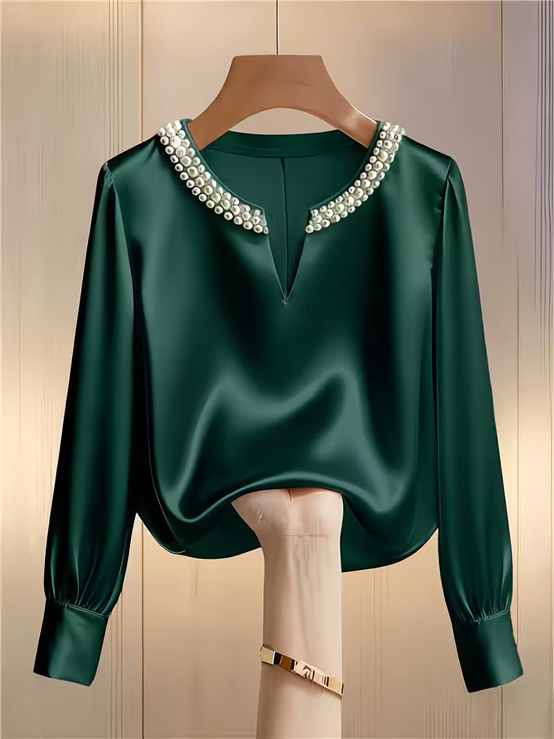 Camisa con Mangas Largas y Detalles de Perlas para Mujeres | Ideal para Trabajo y Ocasiones Especiales
