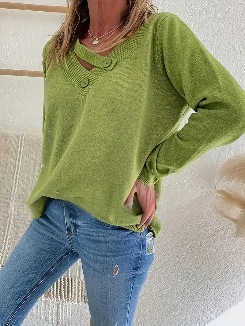 Jersey De Manga Larga Con Escote En V Y Detalle De Botones Para Mujer | Ideal Para Uso Diario Y Superposición