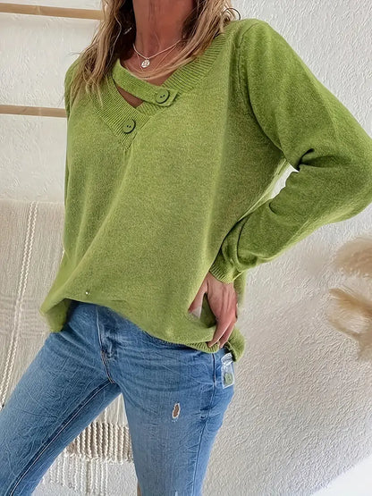 Jersey De Manga Larga Con Escote En V Y Detalle De Botones Para Mujer | Ideal Para Uso Diario Y Superposición