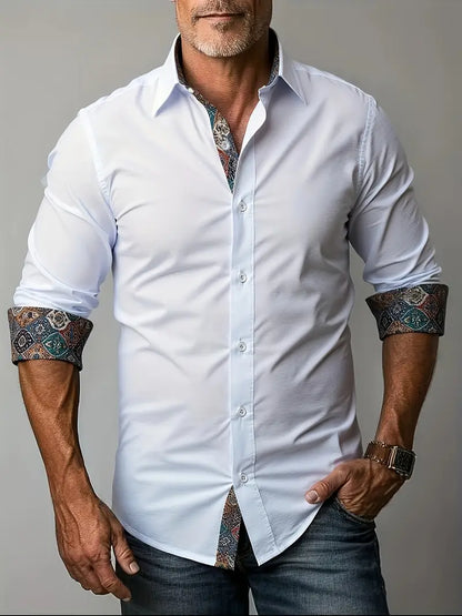 Camisa de Manga Larga con Cierre de Botones y Detalles Contrastantes para Hombre | Ideal para Uso Diario y Contextos Formales