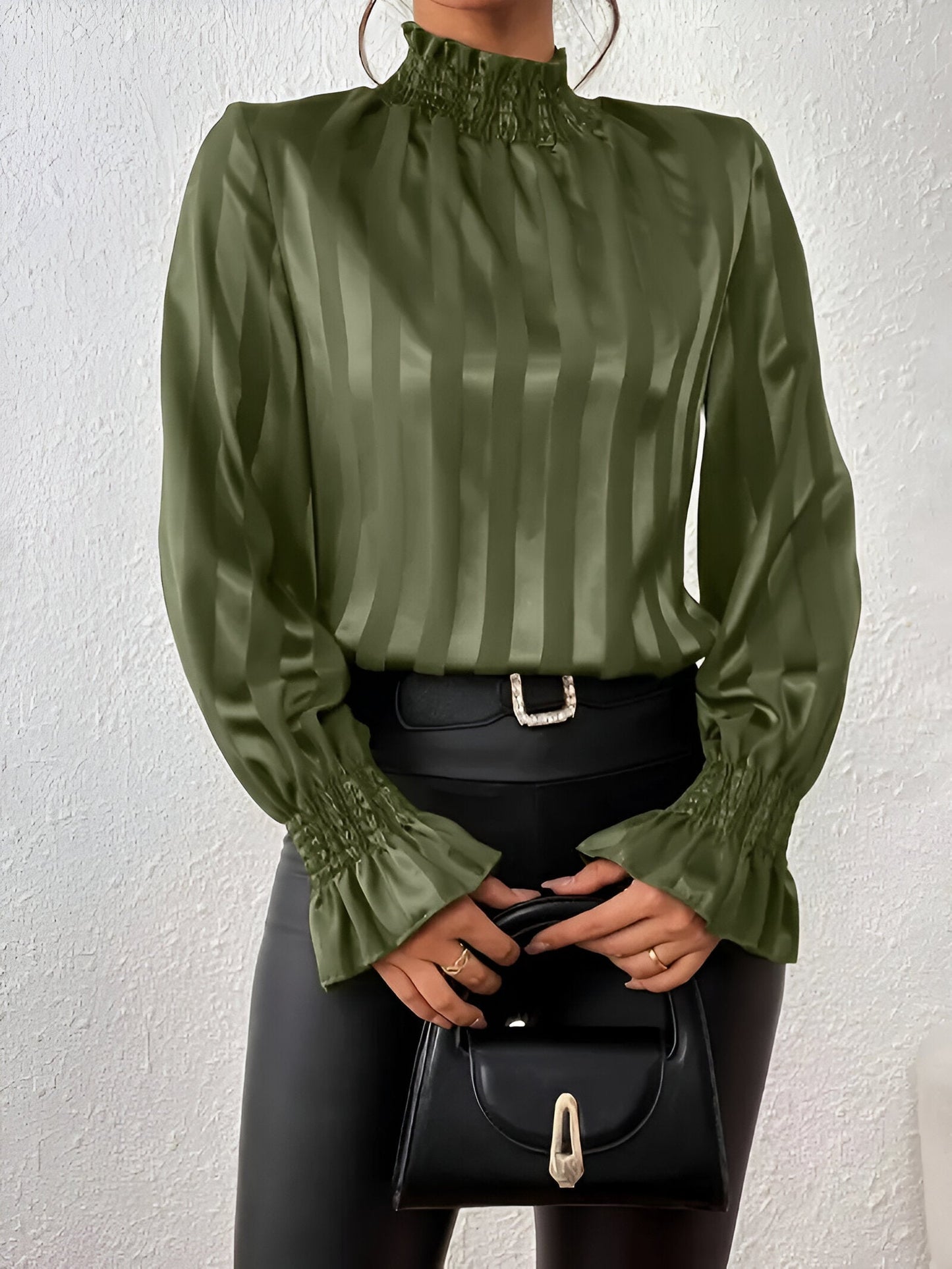 Blusa Plisada Con Mangas Largas Y Motivo A Rayas Para Mujer | Ideal Para Uso Diario O Profesional