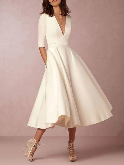 Vestido Midi con Escote en V y Cintura Entallada para Mujer | Ideal para Eventos