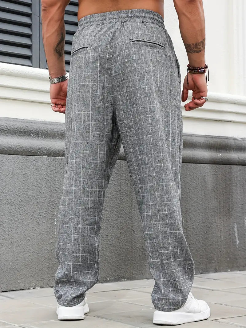 Pantalón de Corte Recto con Motivo Cuadriculado y Cintura Elástica para Hombre | Ideal para Uso Diario