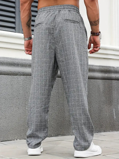 Pantalón de Corte Recto con Motivo Cuadriculado y Cintura Elástica para Hombre | Ideal para Uso Diario
