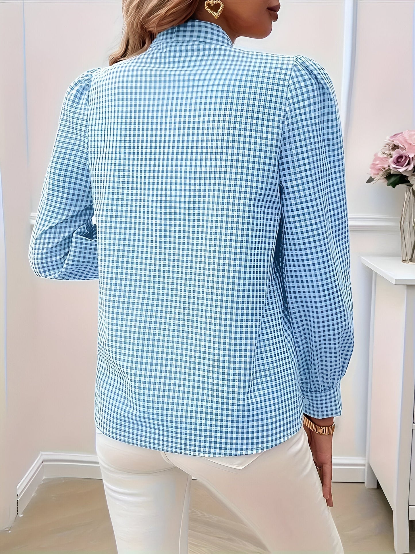 Blusa De Manga Larga Con Estampado De Cuadros Y Detalle De Lazo Para Mujer | Ideal Para Uso Diario O Profesional