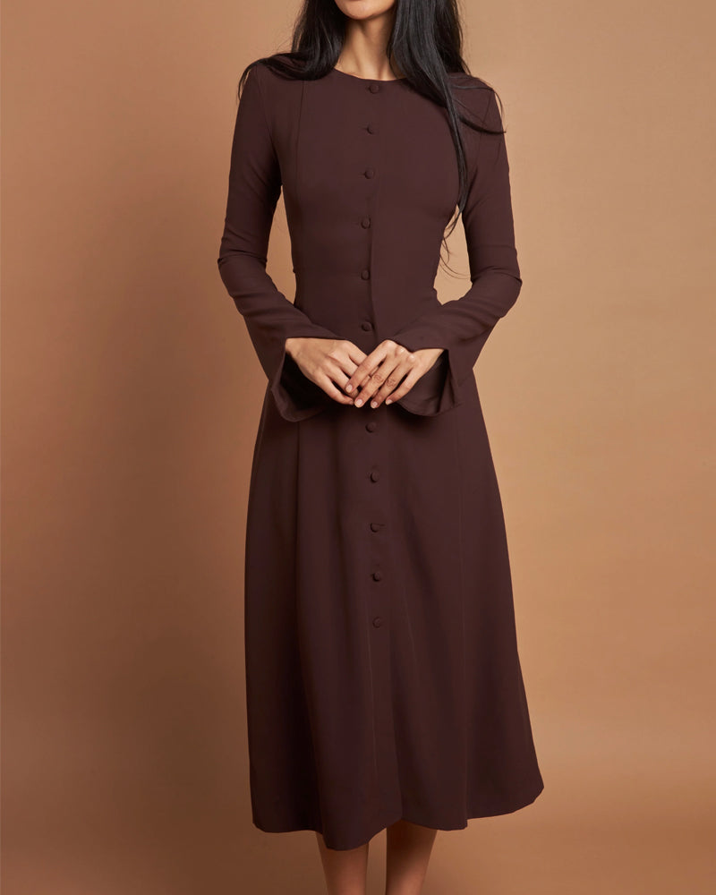 Vestido Midi con Cuello Redondo y Cintura Ajustada para Mujer | Ideal para Uso Diario