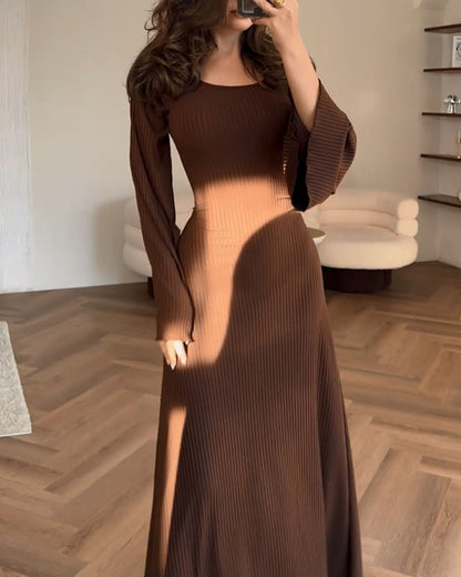 Vestido Largo de Punto con Manga Larga y Cuello Redondo para Mujer | Ideal para Uso Diario