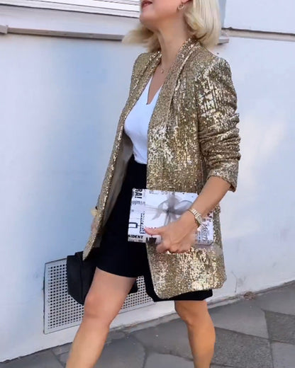 Chaqueta con Superficie de Lentejuelas y Cierre Frontal para Mujer | Ideal para Eventos o Celebraciones