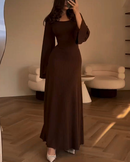 Vestido Largo de Punto con Manga Larga y Cuello Redondo para Mujer | Ideal para Uso Diario