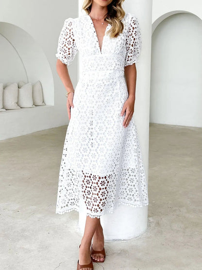 Vestido Midi Con Cuello En V Y Mangas Voluminosas Para Mujer | Ideal Para Eventos Formales