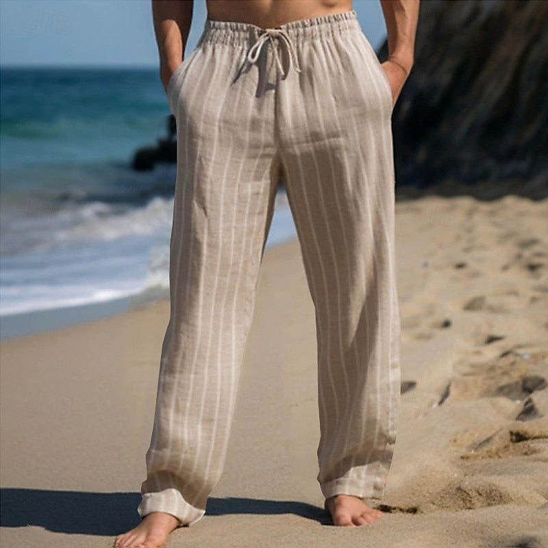 Pantalón De Corte Recto Con Cintura Elástica Y Rayas Verticales Para Hombre | Ideal Para Uso Diario