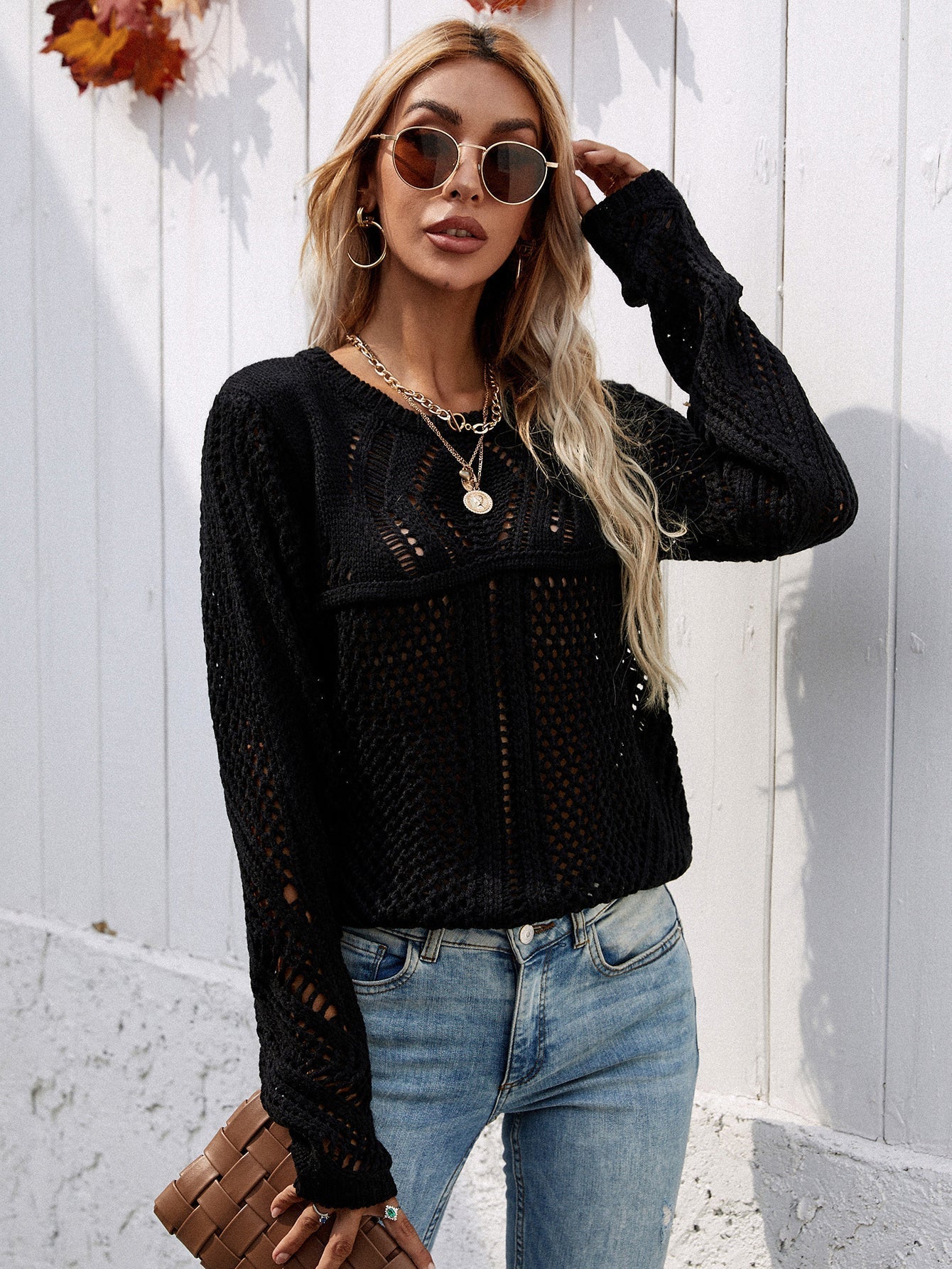 Jersey De Manga Larga Con Punto Calado Y Cuello Redondo Para Mujer | Ideal Para Uso Diario