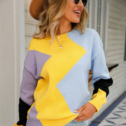 Suéter Con Patrón Patchwork Y Cuello Redondo Para Mujer | Ideal Para Uso Diario