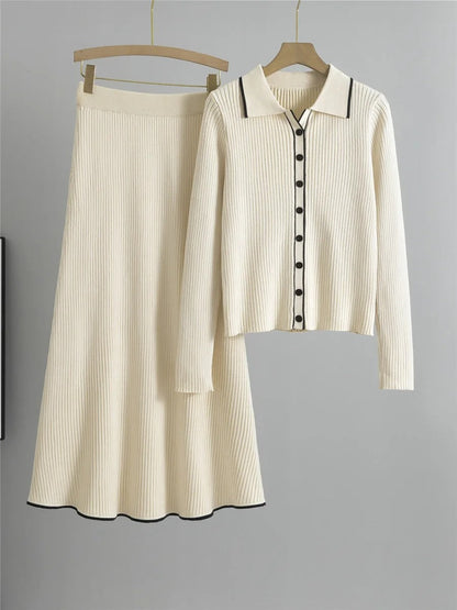 Conjunto de Dos Piezas con Cardigan de Manga Larga y Falda con Cintura Elástica para Mujer | Ideal para Uso Diario