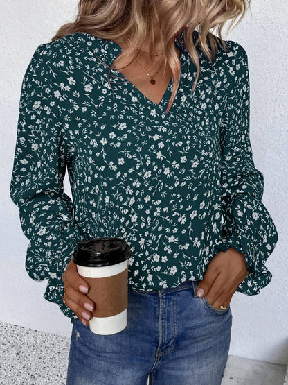 Blusa de Cuello Abierto con Mangas con Volantes y Estampado Floral para Mujer | Ideal para Uso Diario