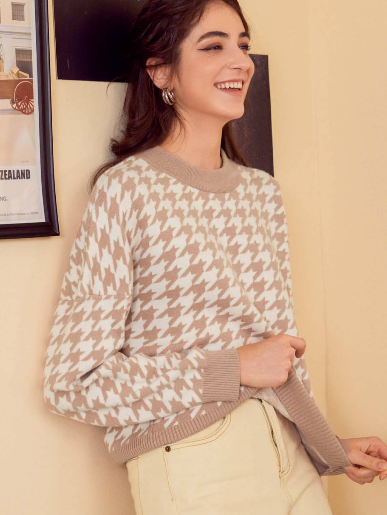 Jersey De Manga Larga Con Motivo Pied-De-Poule Y Cuello Redondo Para Mujer | Ideal Para Uso Diario