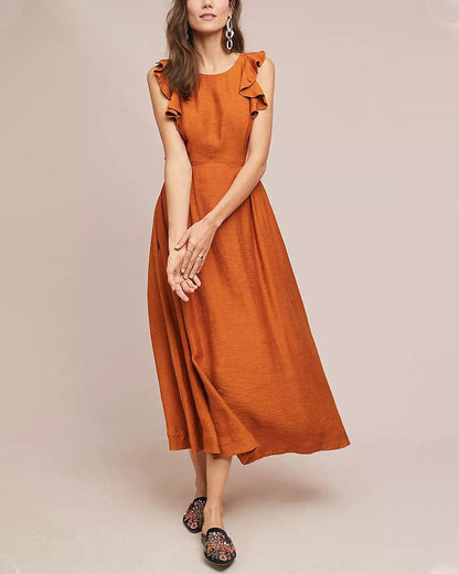 Vestido Midi Con Volantes En Hombros Para Mujer | Ideal Para Actividades Diurnas