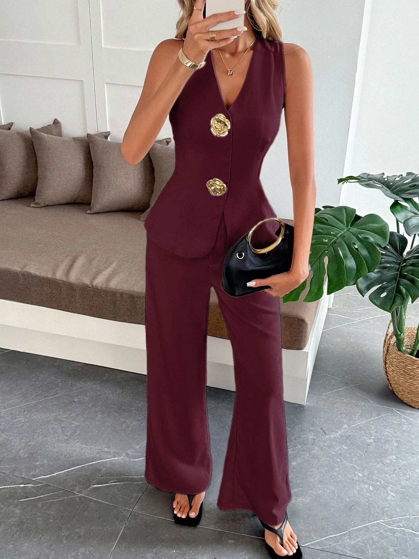 Conjunto De Dos Piezas Con Chaleco De Cuello En V Y Pantalón Para Mujer | Ideal Para Uso Profesional