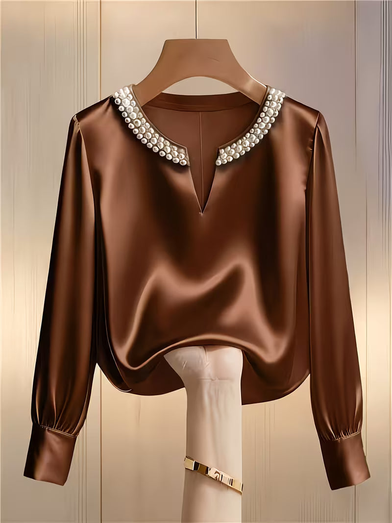 Camisa con Mangas Largas y Detalles de Perlas para Mujeres | Ideal para Trabajo y Ocasiones Especiales