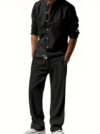 Conjunto de Dos Piezas con Camisa de Cuello Mao y Pantalón con Cintura Ajustable para Hombre | Ideal para Uso Diario