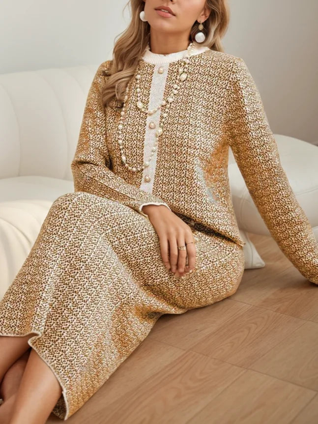 Conjunto De Dos Piezas Con Chaqueta De Cuello Redondo Contrastante Y Falda Midi Para Mujer | Ideal Para Reuniones O Eventos
