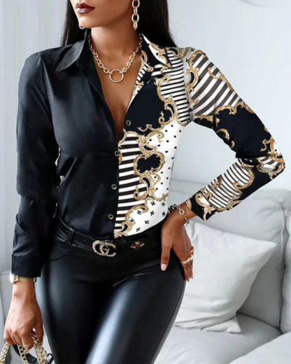 Blusa Con Mangas Largas Y Motivo Parcial Para Mujer | Ideal Para Uso Diario Y Profesional