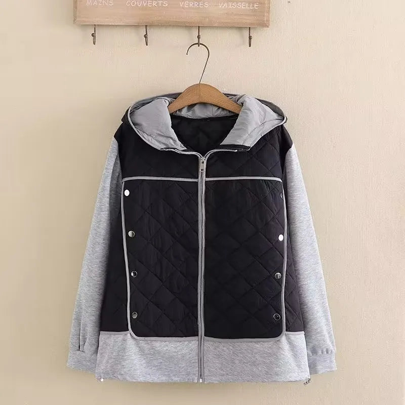 Chaqueta Acolchada con Capucha y Patrón de Rombos para Mujer en Tallas Grandes | Ideal para Invierno