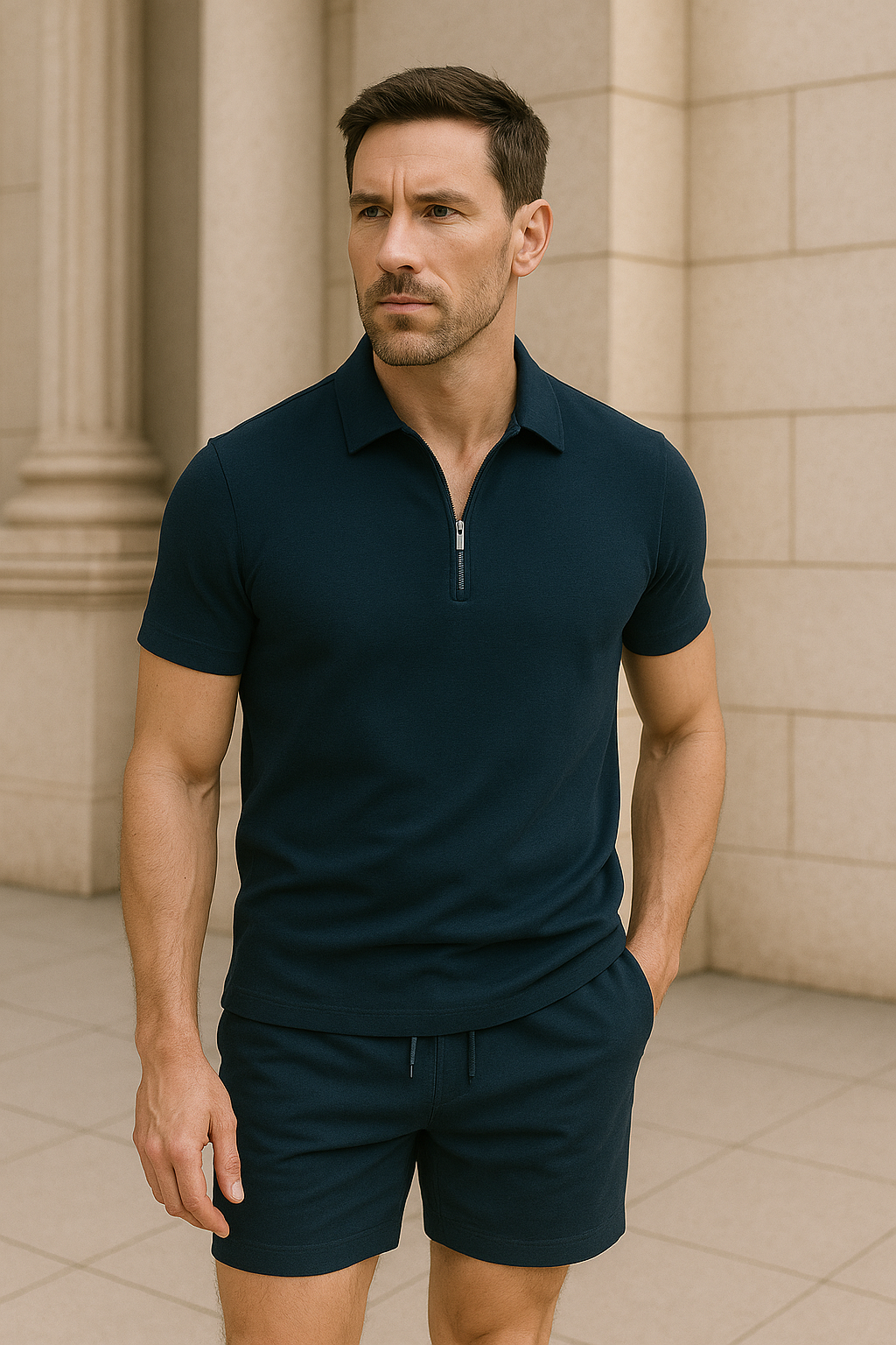 Conjunto Polo con Cuello con Cremallera y Shorts con Cintura Elástica para Adultos | Ideal para Uso Diario
