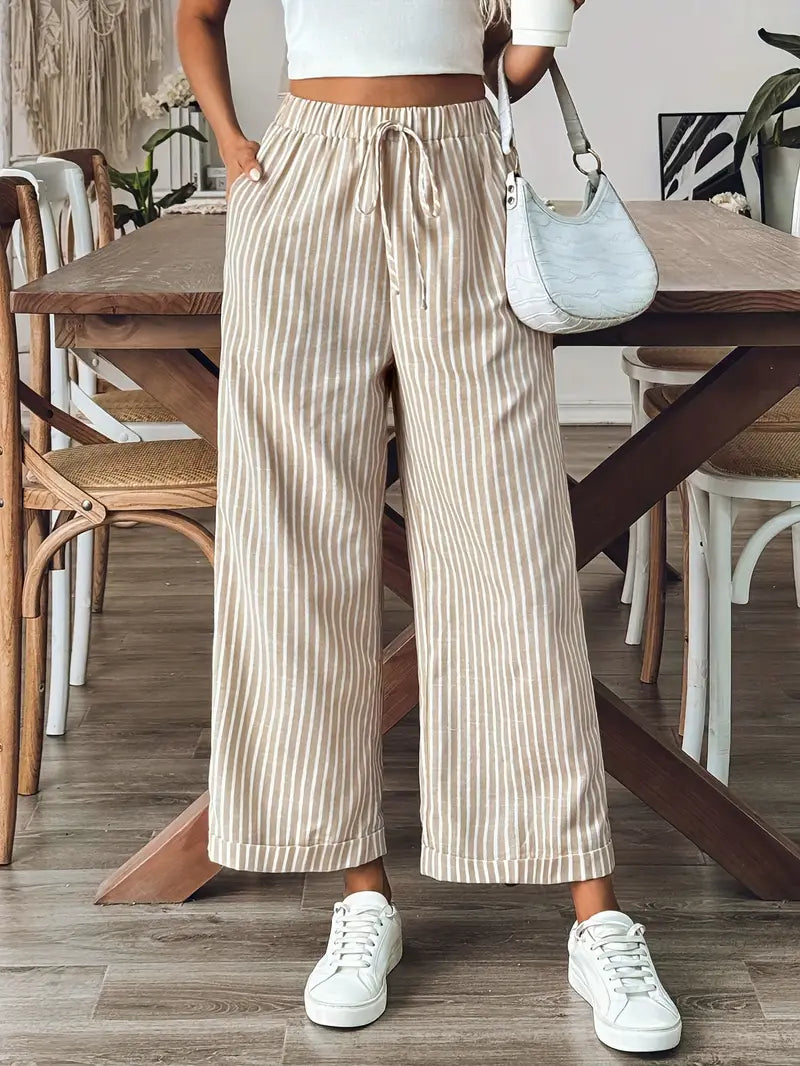 Pantalón Recto a Rayas con Cintura Elástica para Mujer | Ideal para Trabajo y Salidas Informales