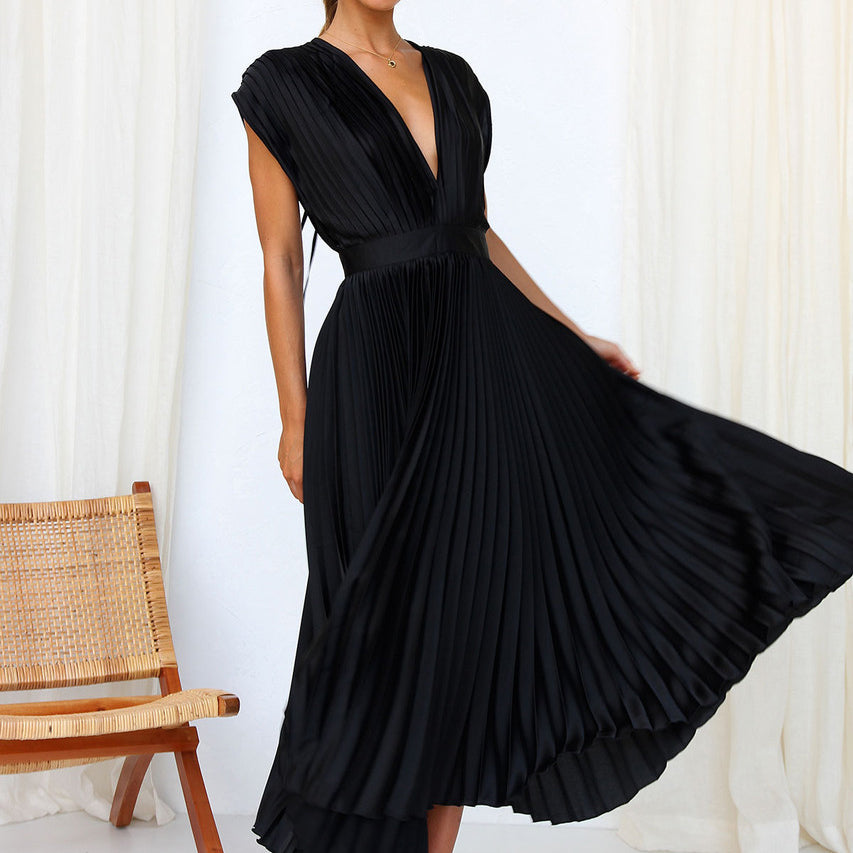 Vestido Midi Plisado Con Corte Evasé Y Cuello En V Para Mujer | Ideal Para Uso Diario O Eventos