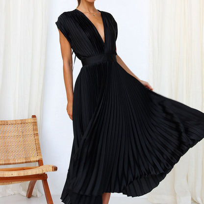 Vestido Midi Plisado Con Corte Evasé Y Cuello En V Para Mujer | Ideal Para Uso Diario O Eventos