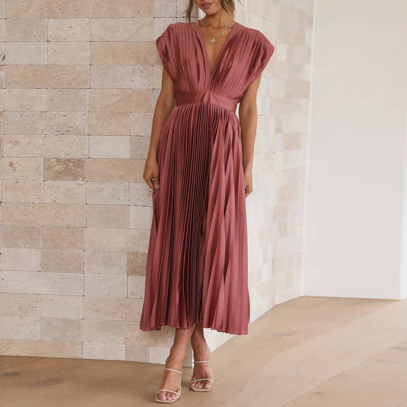 Vestido Midi Plisado Con Corte Evasé Y Cuello En V Para Mujer | Ideal Para Uso Diario O Eventos