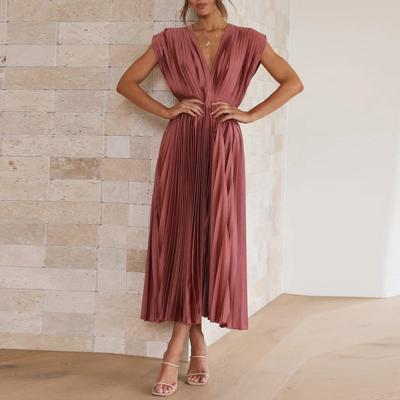 Vestido Midi Plisado Con Corte Evasé Y Cuello En V Para Mujer | Ideal Para Uso Diario O Eventos