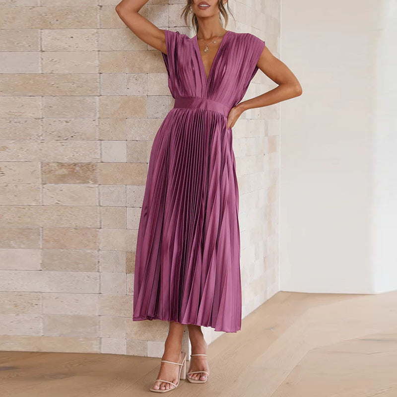 Vestido Midi Plisado Con Corte Evasé Y Cuello En V Para Mujer | Ideal Para Uso Diario O Eventos
