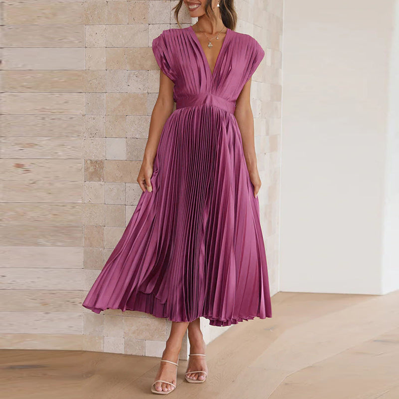 Vestido Midi Plisado Con Corte Evasé Y Cuello En V Para Mujer | Ideal Para Uso Diario O Eventos