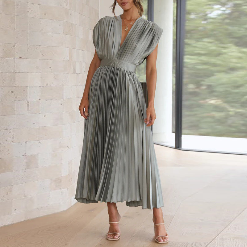 Vestido Midi Plisado Con Corte Evasé Y Cuello En V Para Mujer | Ideal Para Uso Diario O Eventos