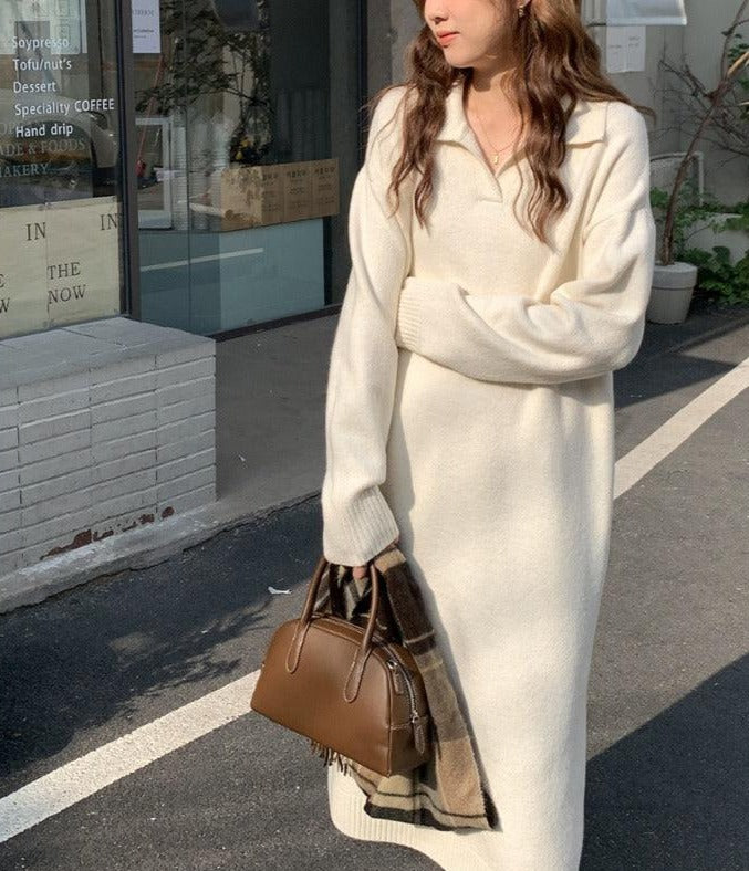 Vestido Tipo Jersey Con Cuello Con Solapa Para Mujer | Ideal Para Otoño E Invierno