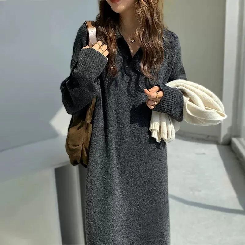 Vestido Tipo Jersey Con Cuello Con Solapa Para Mujer | Ideal Para Otoño E Invierno