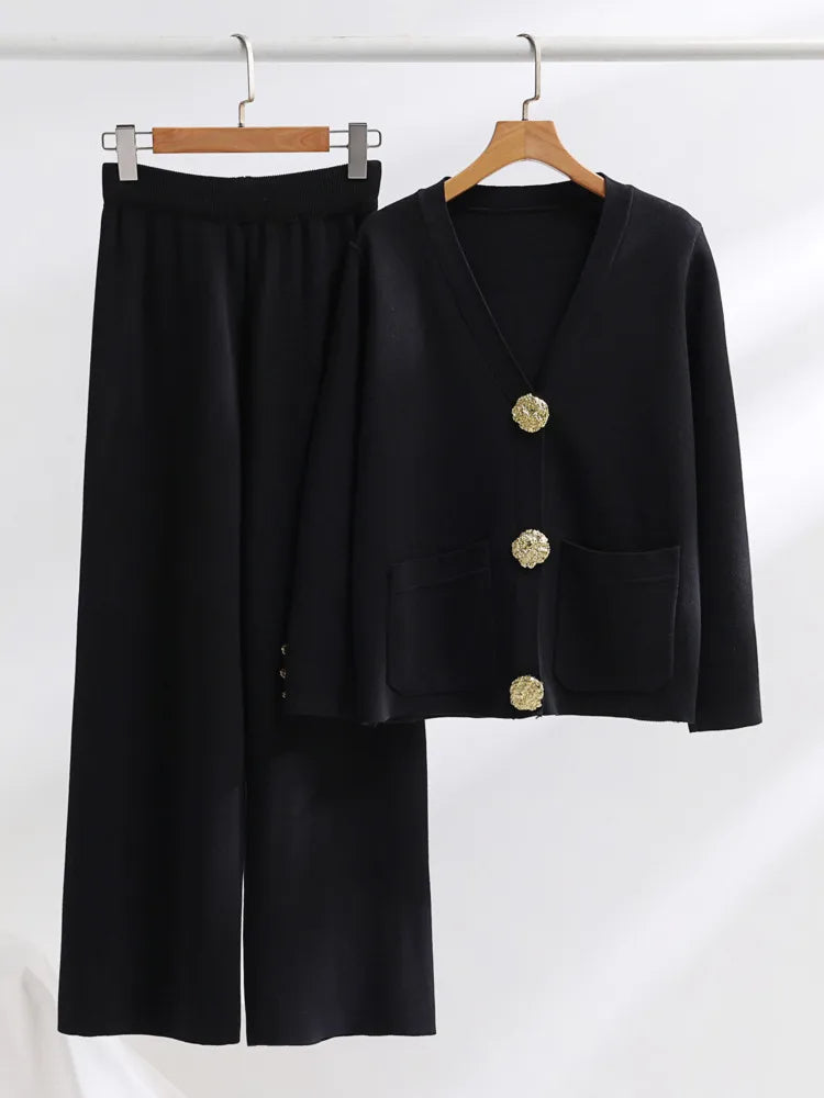 Conjunto de Dos Piezas con Cardigan de Cuello V y Pantalón de Pierna Ancha para Mujer | Ideal para Uso Diario