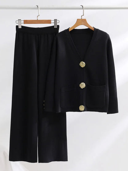 Conjunto de Dos Piezas con Cardigan de Cuello V y Pantalón de Pierna Ancha para Mujer | Ideal para Uso Diario
