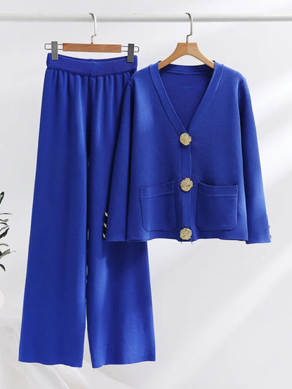 Conjunto de Dos Piezas con Cardigan de Cuello V y Pantalón de Pierna Ancha para Mujer | Ideal para Uso Diario