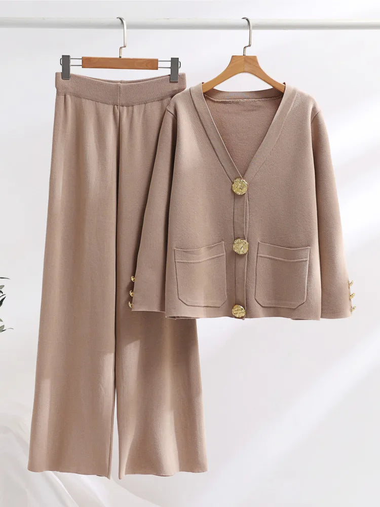 Conjunto de Dos Piezas con Cardigan de Cuello V y Pantalón de Pierna Ancha para Mujer | Ideal para Uso Diario