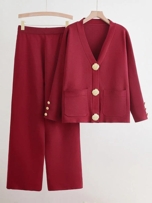 Conjunto de Dos Piezas con Cardigan de Cuello V y Pantalón de Pierna Ancha para Mujer | Ideal para Uso Diario
