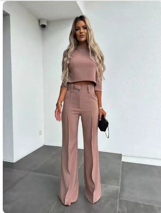 Conjunto De Top De Manga Larga Con Cuello Redondo Y Pantalón Ancho Para Mujeres | Ideal Para Uso Diario Y Oficina