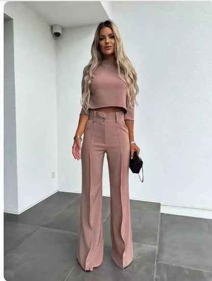 Conjunto De Top De Manga Larga Con Cuello Redondo Y Pantalón Ancho Para Mujeres | Ideal Para Uso Diario Y Oficina